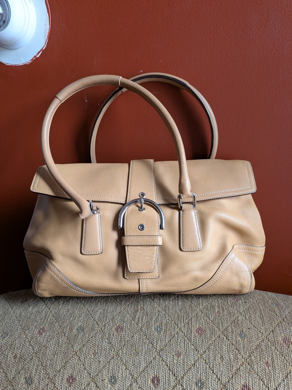 Coach Tan Leather Satchel with Silver Buckle